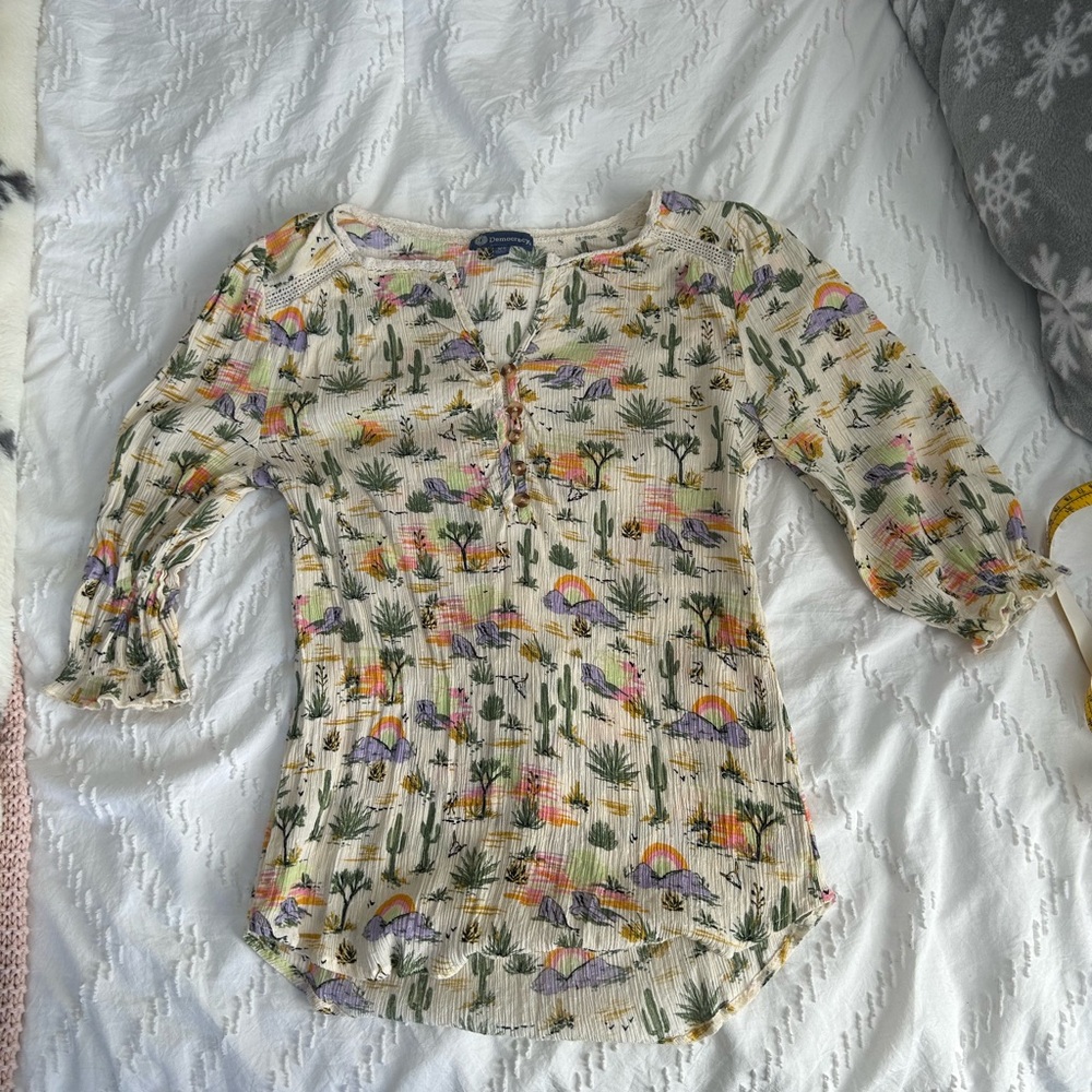 Democracy Womens XS Desert Cactus Button Up Blouse 3/4 Sleeve Peasant Boho Rayon